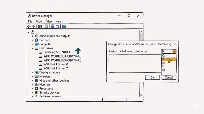 Windows Device Manager showing disk drivers with update arrow and drive letter dialog
