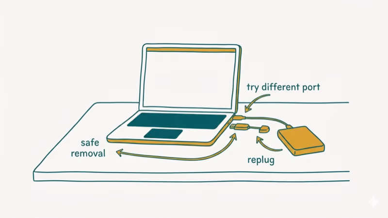 USB drive and external hard drive with troubleshooting steps for connection fixes