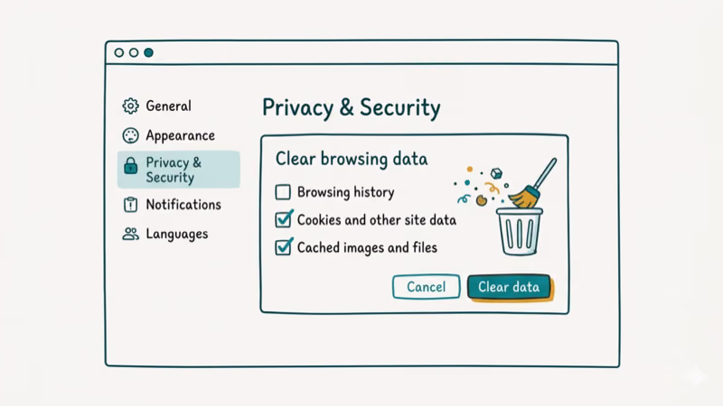 Browser settings showing clear cache and cookies dialog with trash icon