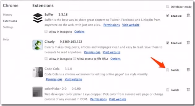 disable Chrome extensions by unticking the checkbox