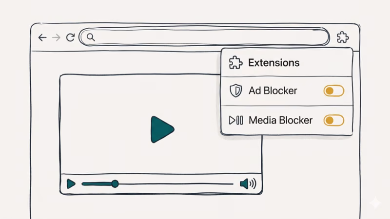 Browser extensions panel with ad blocker toggled off revealing working video player