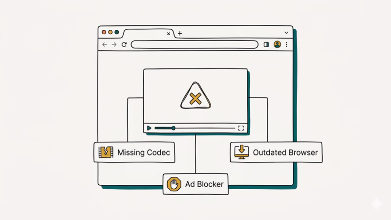 Browser with broken media player error showing missing codec and ad blocker causes