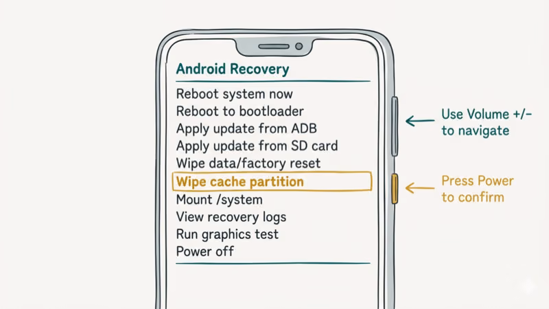 Android recovery mode menu with wipe cache partition option highlighted