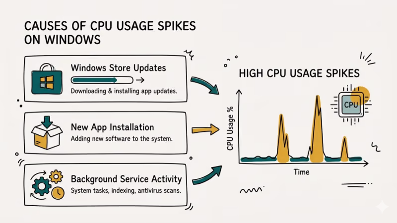 Diagram showing CPU usage spikes from Windows Store updates and background services