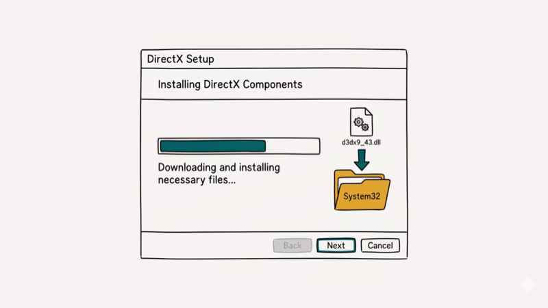 DirectX installer wizard with download progress bar and DLL file being installed