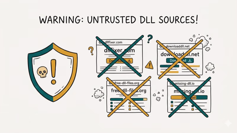 Warning shield with skull icon next to fake DLL download websites crossed out