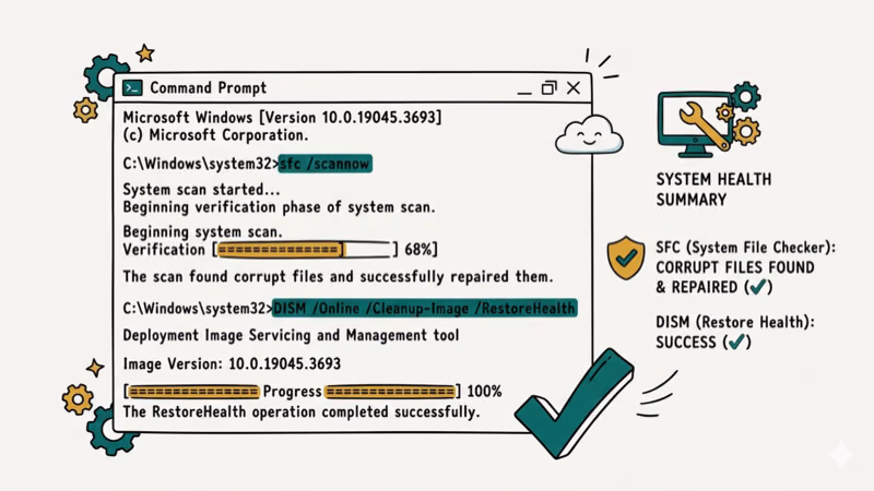 Windows command prompt running SFC and DISM system file checker with repair progress