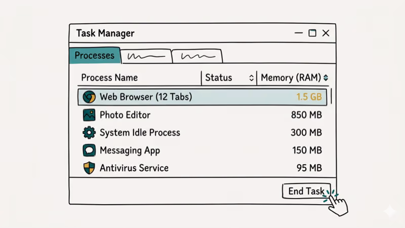Windows Task Manager showing processes sorted by memory usage with end task option