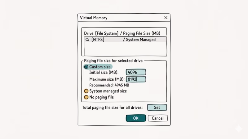 Windows virtual memory settings dialog with page file size configuration fields