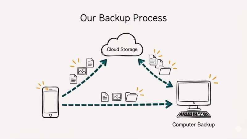 Phone backup process showing files transferring to cloud storage and computer