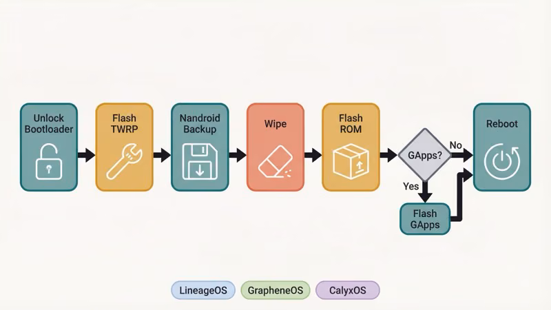 Custom ROM installation flowchart from bootloader unlock to reboot