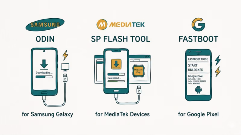 Three flash tools side by side Odin for Samsung SP Flash Tool for MediaTek and Fastboot