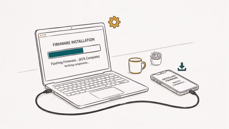 Phone connected to laptop via USB with firmware flash progress bar during installation