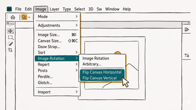 Photoshop Image menu showing canvas flip horizontal and vertical options