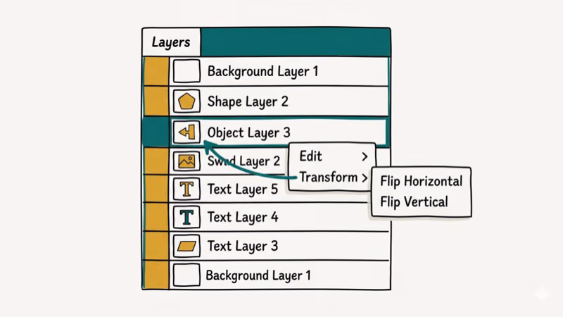 Photoshop layers panel with one layer selected showing Edit Transform Flip options