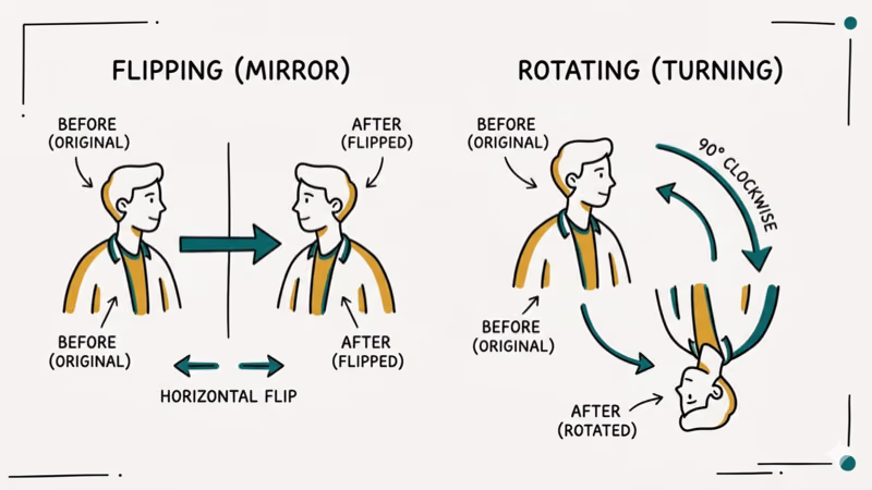 Side by side comparison showing difference between flipping and rotating an image