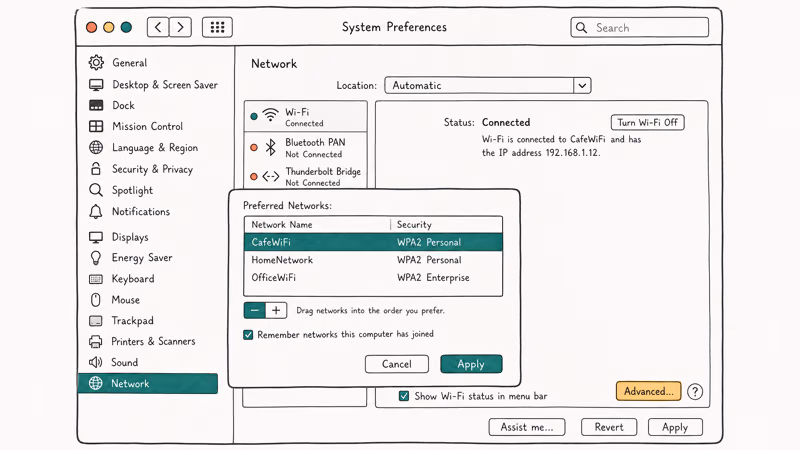 Hand-drawn older macOS System Preferences Network Advanced window with preferred network removed via minus button.