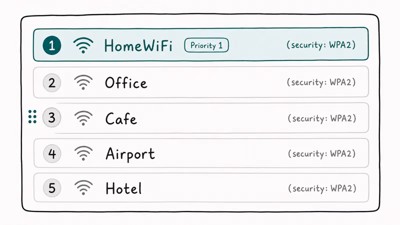 Hand-drawn ranked Wi-Fi preferred networks list with HomeWiFi at top and drag-to-reorder grab handles.