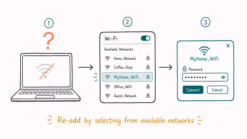 Hand-drawn three-step flow recovering forgotten Wi-Fi network with selection, password popup, and reconnection.