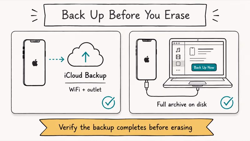 Side-by-side iCloud and Finder backup paths to use before formatting an iPhone completely.