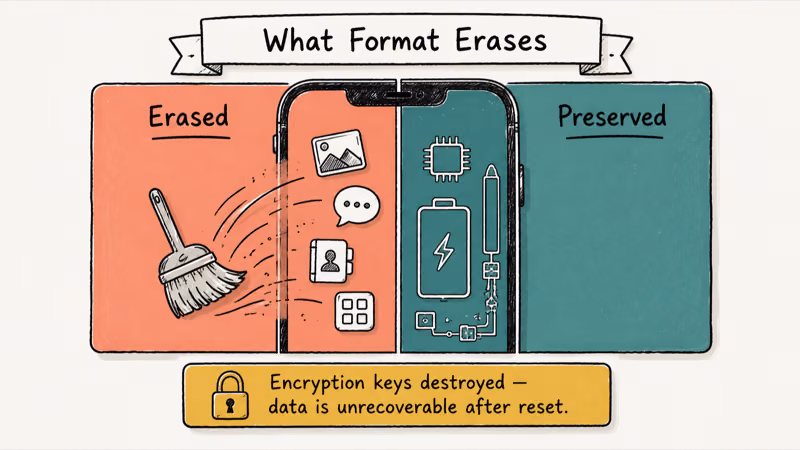 Split phone hand-drawn diagram showing erased user data versus preserved iPhone hardware after format.