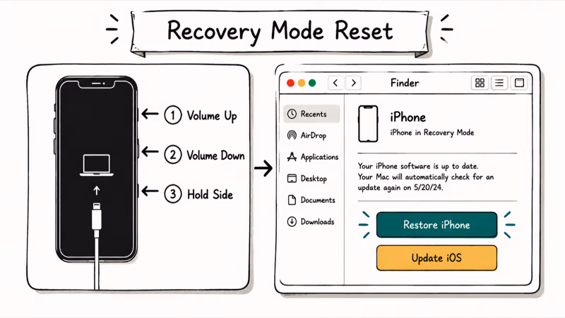 Two-frame iPhone recovery mode reset showing key sequence and Finder Restore iPhone button.
