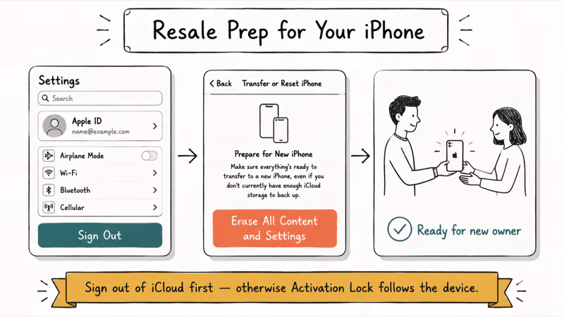 Three-card hand-drawn iPhone resale prep including iCloud sign out erase and handoff with Activation Lock note.