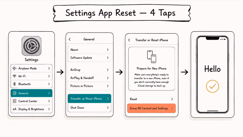 Four-card hand-drawn iPhone reset flow from Settings General through Erase All to Hello setup.