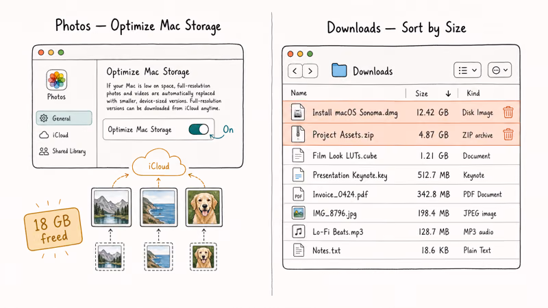 Hand-drawn Mac screen offloading photos to iCloud beside a Downloads folder sorted by file size