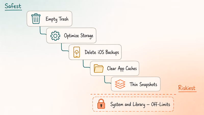 Hand-drawn ladder of Mac cleanup steps ordered from safest trash to riskiest cache removal