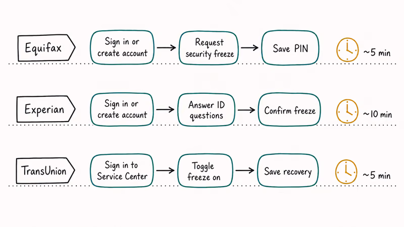Three bureau setup lanes showing sign in then request freeze then save PIN with average completion time per