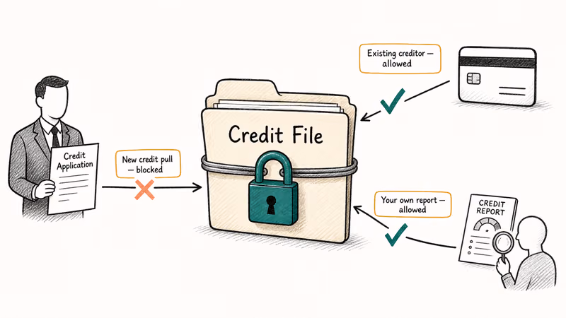 Credit freeze blocking a new lender pull while existing creditor and self credit checks still pass through
