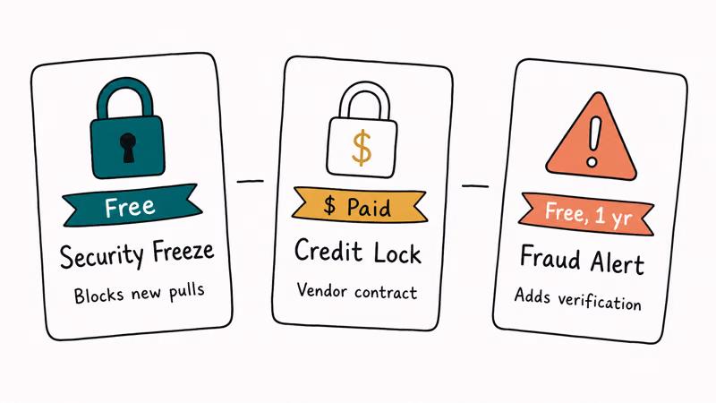 Three ID-style cards comparing free security freeze paid credit lock and one-year free fraud alert