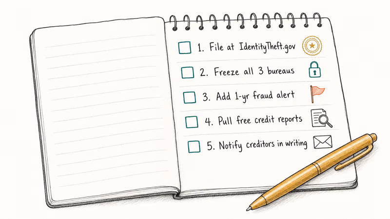 Numbered notebook checklist of five identity theft recovery steps starting with FTC report and ending with notifying creditors