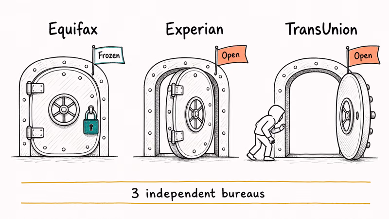Equifax Experian and TransUnion drawn as three vault doors with only one frozen and two left open