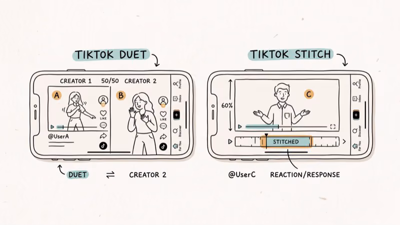 TikTok Duet and Stitch collaboration features shown on two phones side by side