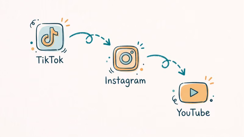 Social media platform icons connected by arrows showing TikTok cross-promotion strategy