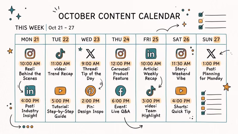Daily TikTok posting schedule on content calendar with trending hashtag strategy