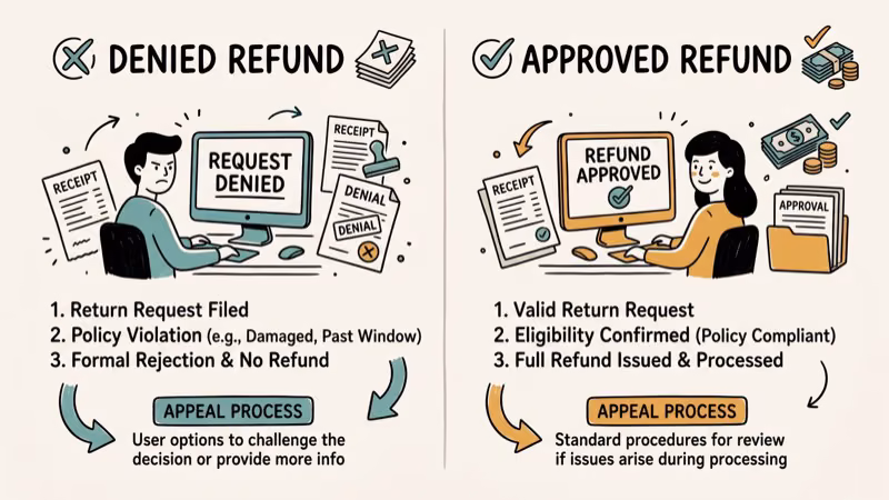 Refund denial vs approval comparison showing escalation steps to live chat support