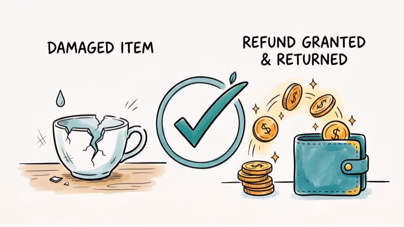 Damaged product next to refund approval checkmark showing money returning to wallet