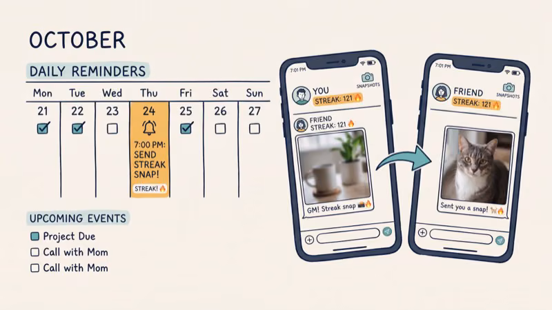 Daily reminder calendar with two phones exchanging snaps to prevent Snapchat streak loss