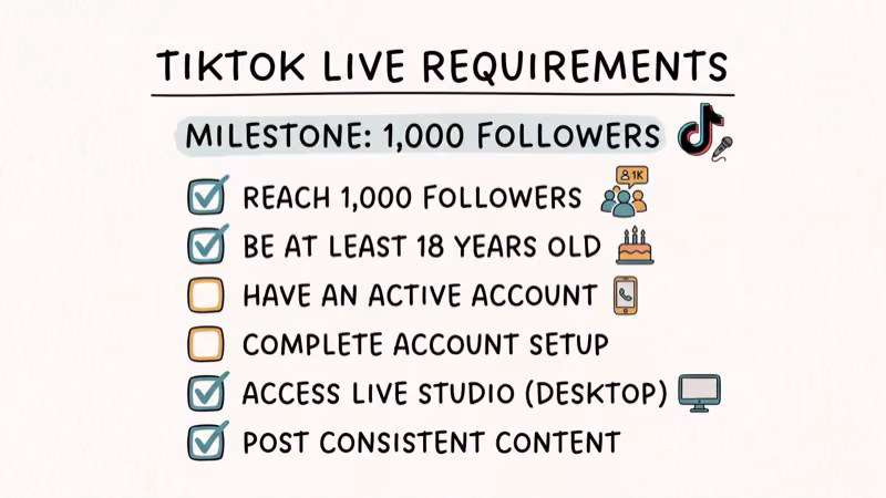 TikTok stream key eligibility checklist showing 1000 follower milestone requirement