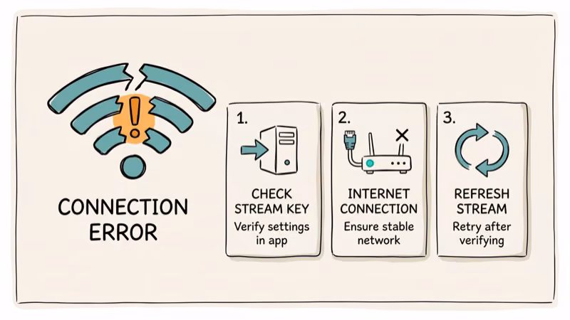Stream key error warning icon with broken connection and refresh arrows for troubleshooting