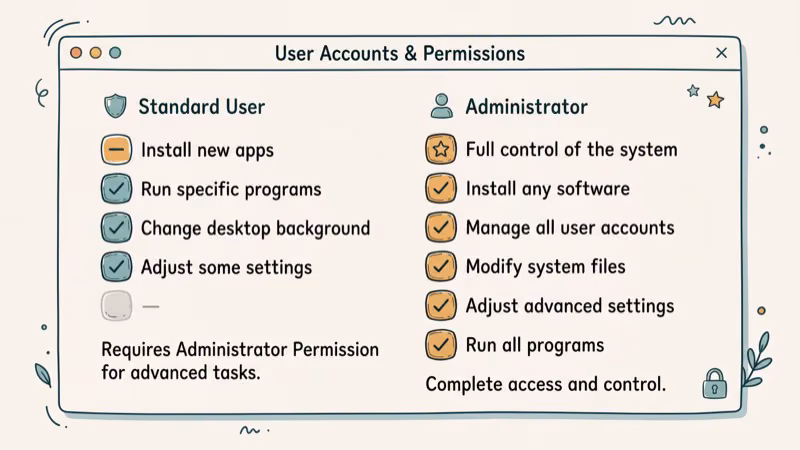 Windows user account control panel showing privilege levels from standard user to administrator