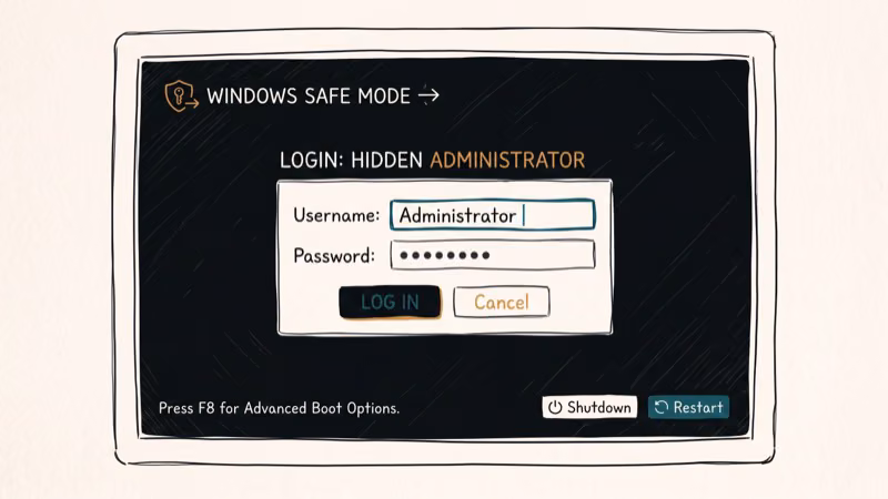 Windows 7 Safe Mode boot screen showing hidden administrator account login option