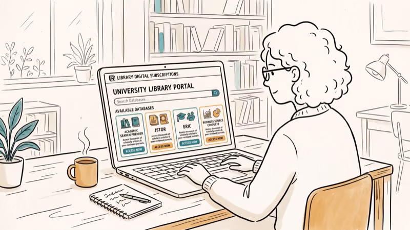 Library digital subscription portal on laptop screen showing access to educational databases