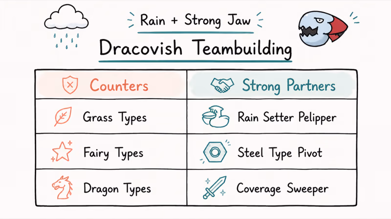 Two-column teambuilding chart listing Dracovish counters versus strong partners with rain setter note