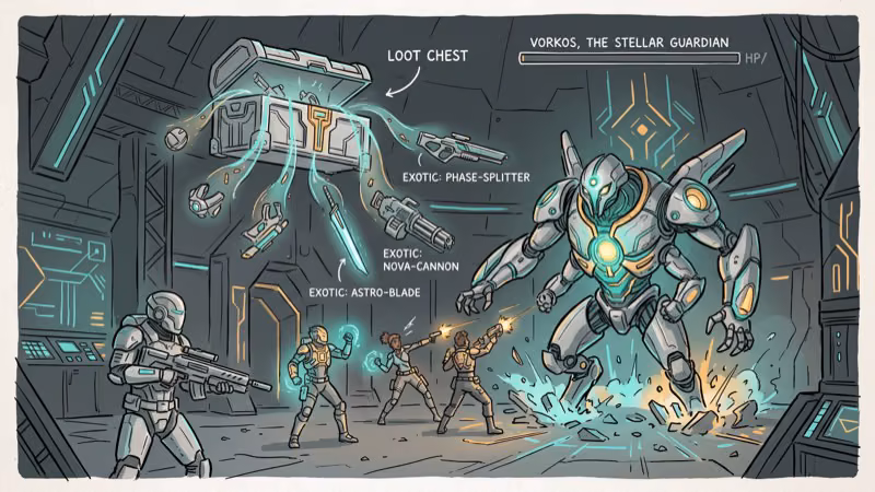 Raid boss encounter in sci-fi space dungeon with exotic weapon items dropping from chest