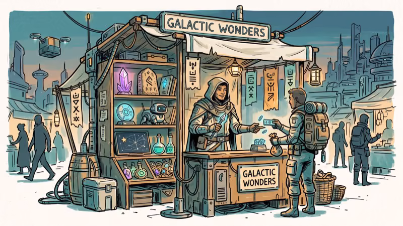 Weekly exotic vendor NPC at marketplace stall with rare items and currency exchange in sci-fi setting