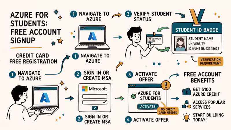 Azure for Students free account signup process showing student email verification and free credit activation